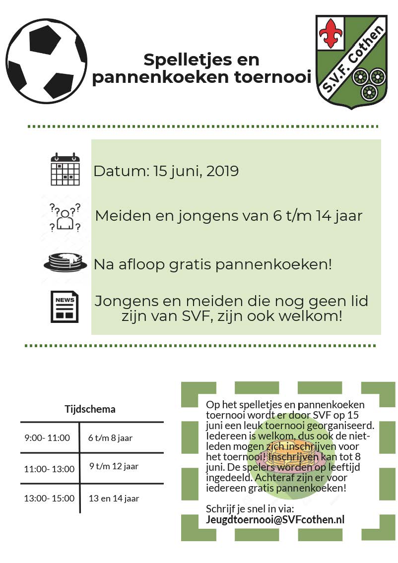 Spelletjes en pannenkoeken toernooi op 15 juni bij SVF