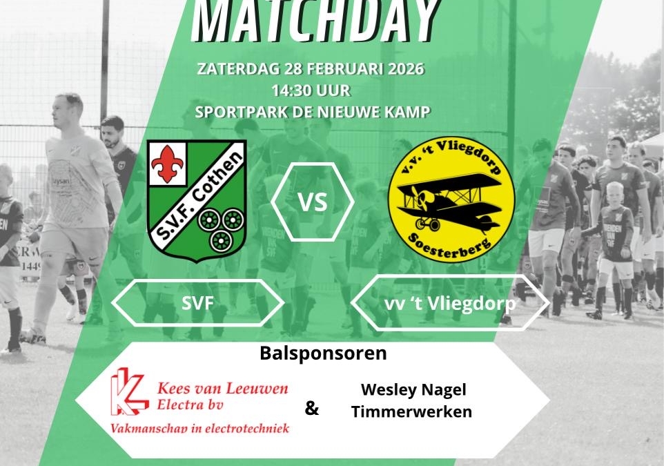 Zaterdag 28 februari 2026: SVF 1 – t Vliegdorp 1 om 14:30u