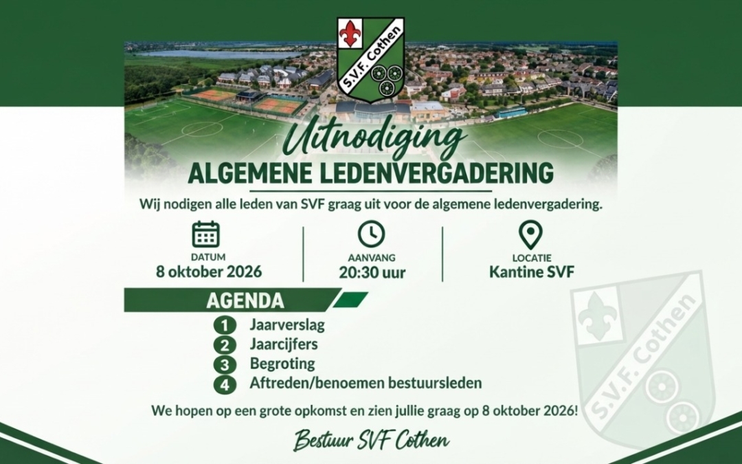Donderdag 8 Oktober: Algemene Ledenvergadering.